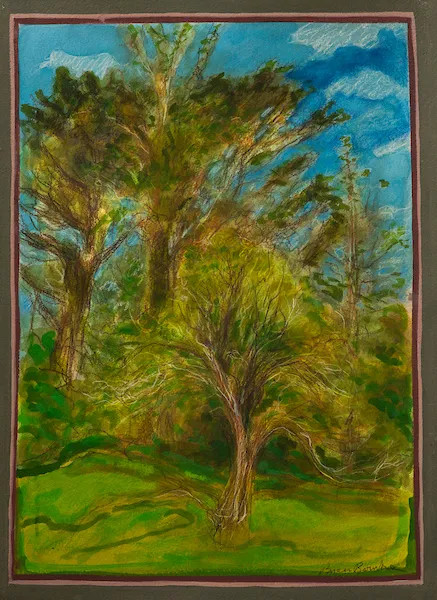 Brian Bourke:Fallen Tree, Spring II, 2023, mixed media, 76 x 57 cm | Brian Bourke: Evocations | Friday 4 September  – Saturday 26 September 2026 | Taylor Galleries | Brian Bourke:Fallen Tree, Spring II, 2023, mixed media, 76 x 57 cm | painting, landscape showing grees against a blue sky with clouds; the execution makes the trees look sinuous, dynamic; no clear sign of the eponymous fallen tree 