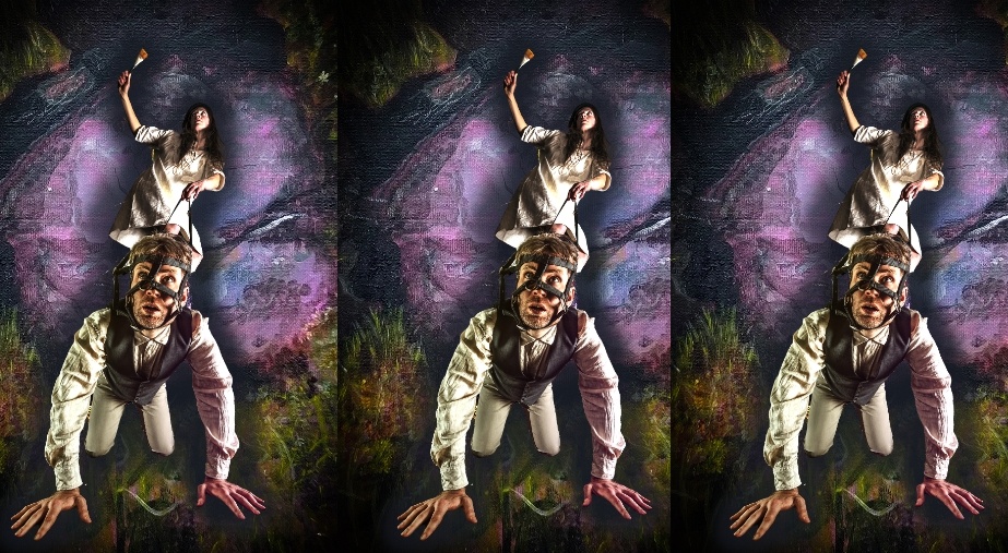 Dublin Fringe Festival: Ella de Búrca: Hard Mouth Show & Tell | Wednesday 16 September  – Sunday 20 September 2026 | Temple Bar Gallery + Studios | photographic collage, probably; we are in some sort of fairyland / magic land; towards the viewer, a figure is on hands and knees, well dressed, looking upwards to our left, wearing a muzzle probably suitable for a horse; burther back, a long-black-haired figure is, very probably, an artist, as they are wearig what could be a painter’s smock and holding a large paintbrush in the right hand, though the left hand is hold reins that control the poor aforementioned creature 