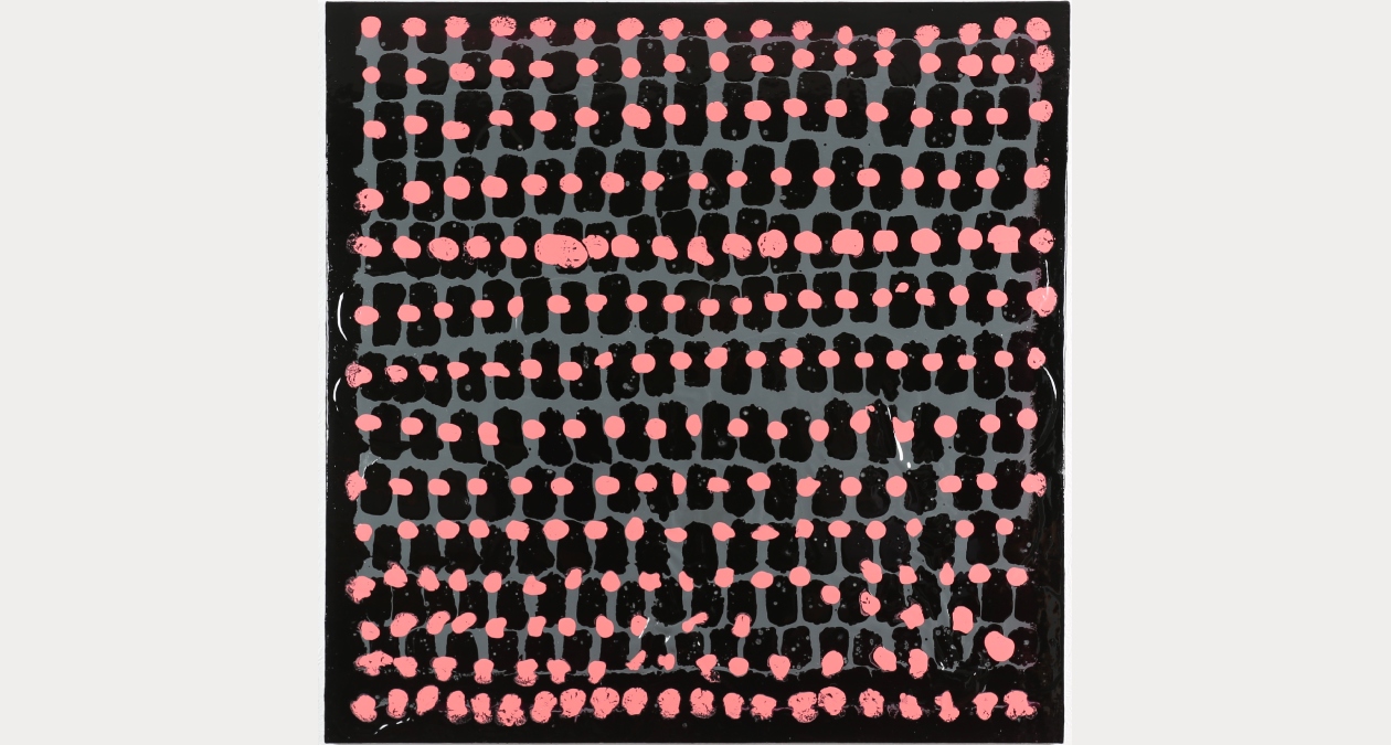 Joanne Boyle, PSN-Parasympathetic Nervous System, 2025, Oil on linen, 90 x 90cm, Image courtesy of the artist | CNUASACH • Curated by Sinéad Ní Mhaonaigh PRHA | Friday 11 September  – Sunday 25 October 2026 | Royal Hibernian Academy | Joanne Boyle, PSN-Parasympathetic Nervous System, 2025, Oil on linen, 90 x 90cm, Image courtesy of the artist | we see a pattern of pink roughly circular shapes arranged fairly loosely in a grid of about 20 across by about 15 down; behind each dot is a black, roughly hour-glass shape, behind the black shape grey; the edge areas of the canvas are black; there are occasional flashes of white curves 