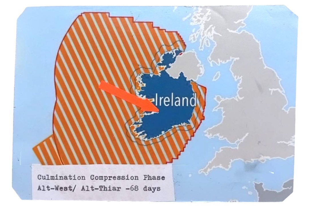 
courtesy of O.J.A.I.

&nbsp; | Alt-West / Alt-Thiar | Saturday 19 September  – Saturday 14 November 2026 | Ormston House | Image courtesy of O.J.A.I. | We see a map of Ireland most of Britain; Britain and Northern Ireland are in grey, the Republic in Navy with ‘Ireland’ in white across it; the surrounding sea is largely pale blue, but what is possibly the Republic’s exclusive economic zone is in slanting stripes of dark orange and yellowy grey; a red arrow points across this stripery at Limerick; a pasted on slightly wonky piece of paper has the text ’Culmination Compression Phase Alt-West/ Alt-Thiar -68 days’ 